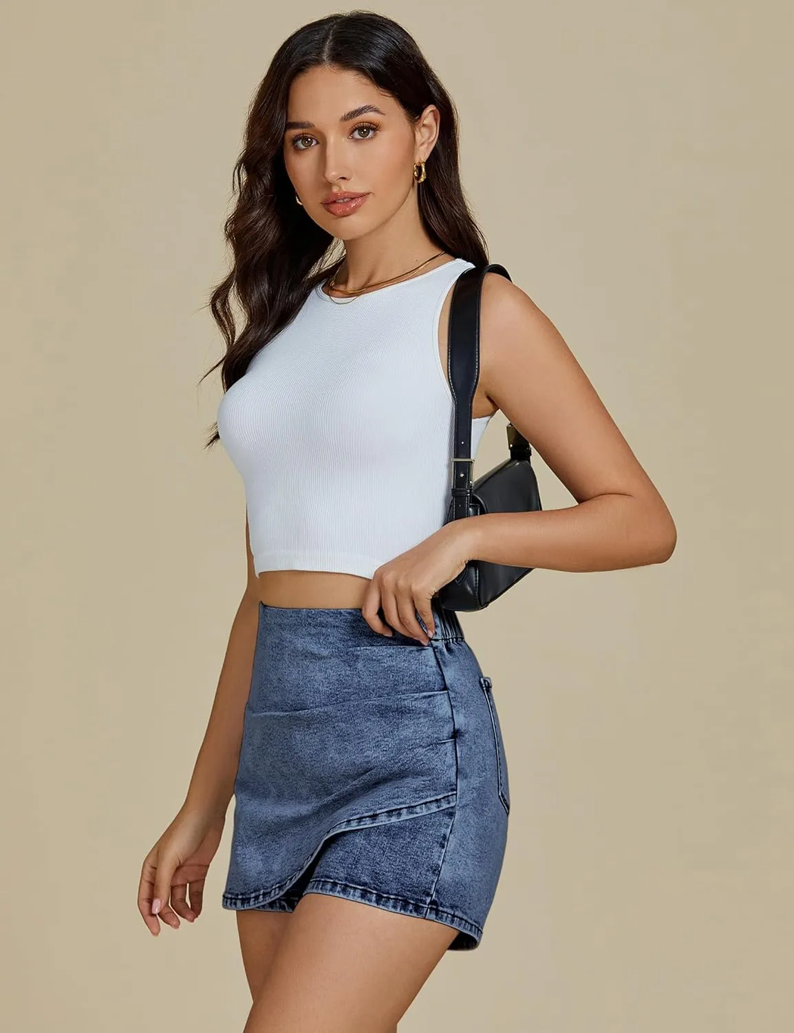 luvamia Jean Skorts for Woman High Waisted Pull On Trendy Casual Stretch Denim Skirt with Shorts Asymmetrical Wrap Skort