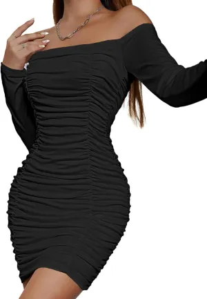 LYANER Women's Off Shoulder Ruched Long Sleeve Party Club Mini Bodycon Dress