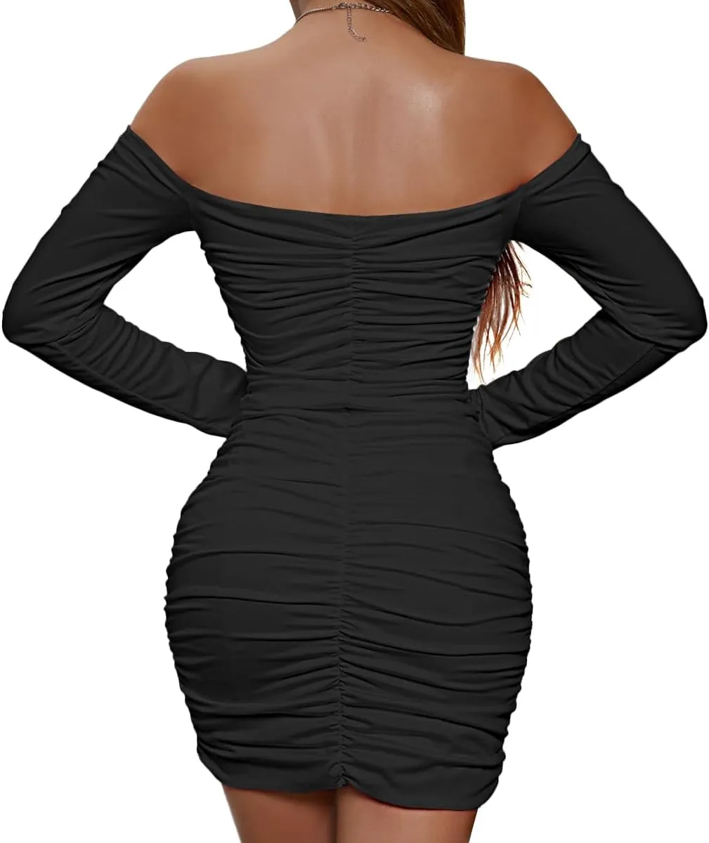 LYANER Women's Off Shoulder Ruched Long Sleeve Party Club Mini Bodycon Dress