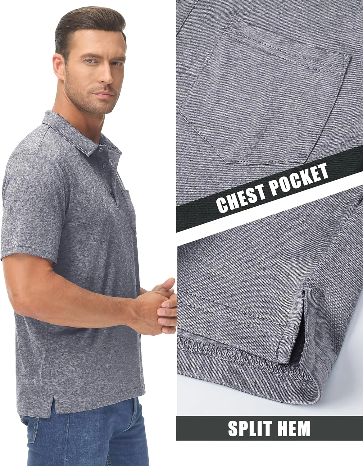 MAGCOMSEN Men's Short-Sleeve Golf Polo Shirts 3-Button Quick Dry Polo Athletic Casual Collared T-Shirt with Pocket