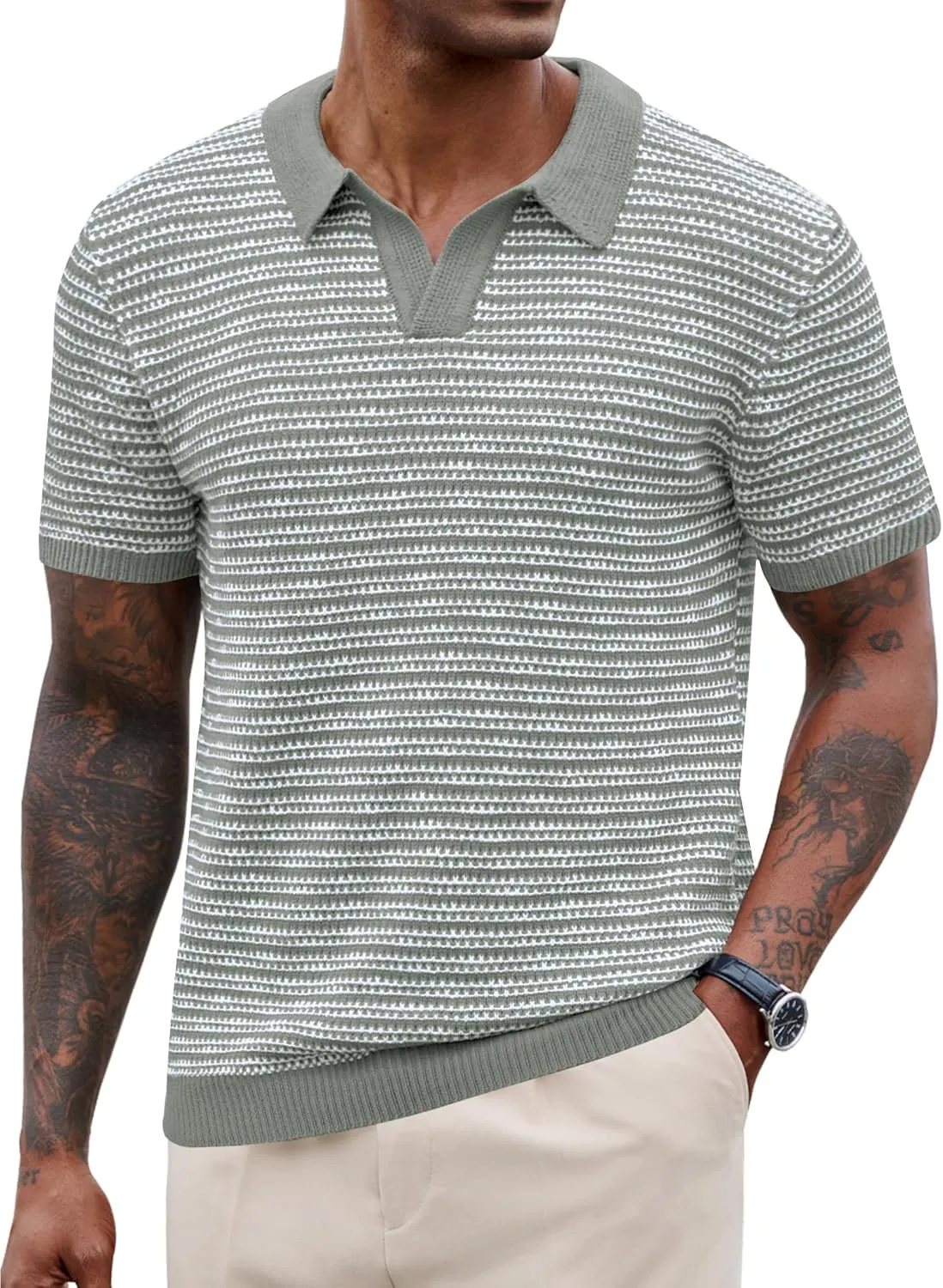 Men V Neck Polo Knit Striped Heavyweight Casual Poloshirts Summer Short Sleeve Shirt (S-XXL)