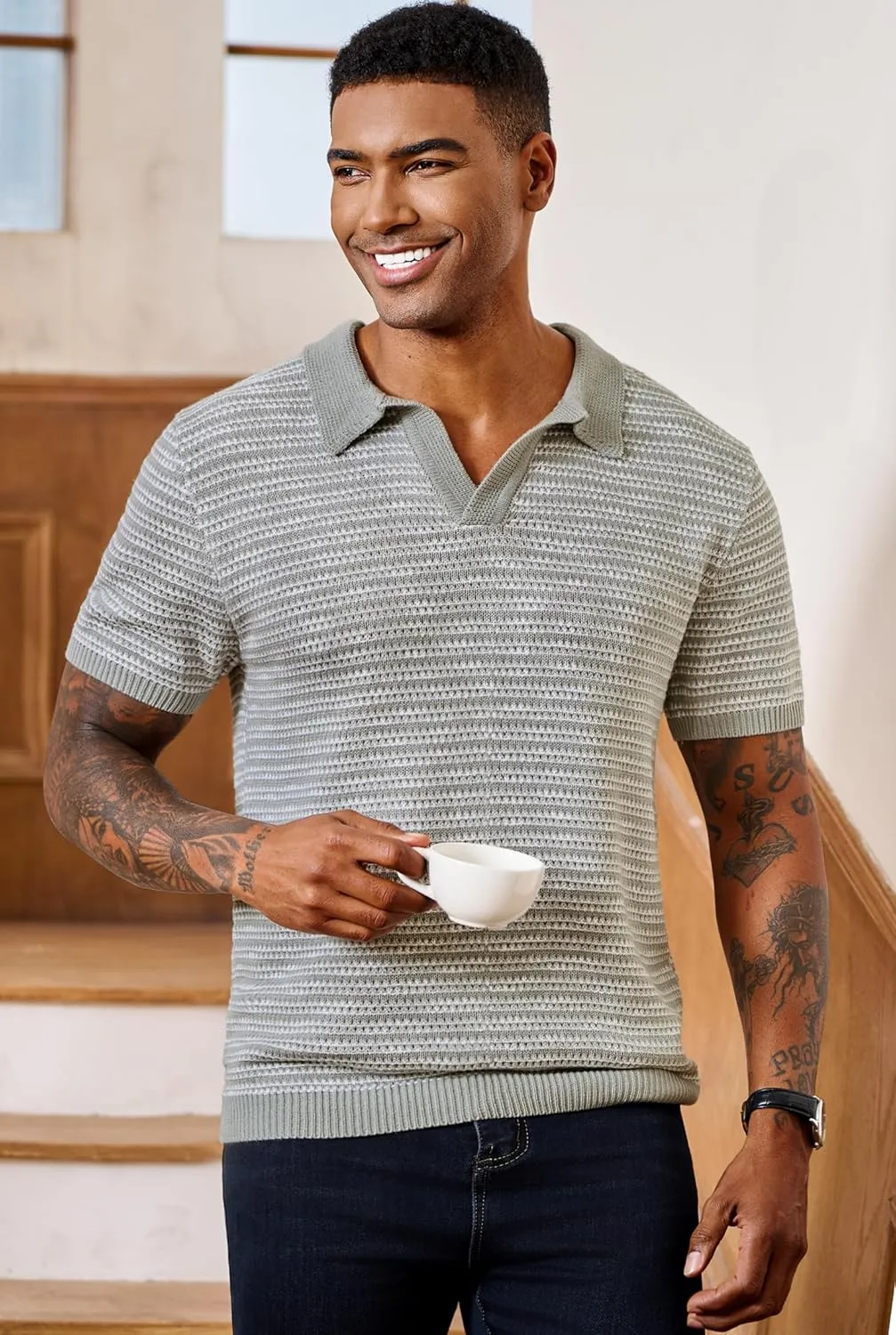 Men V Neck Polo Knit Striped Heavyweight Casual Poloshirts Summer Short Sleeve Shirt (S-XXL)