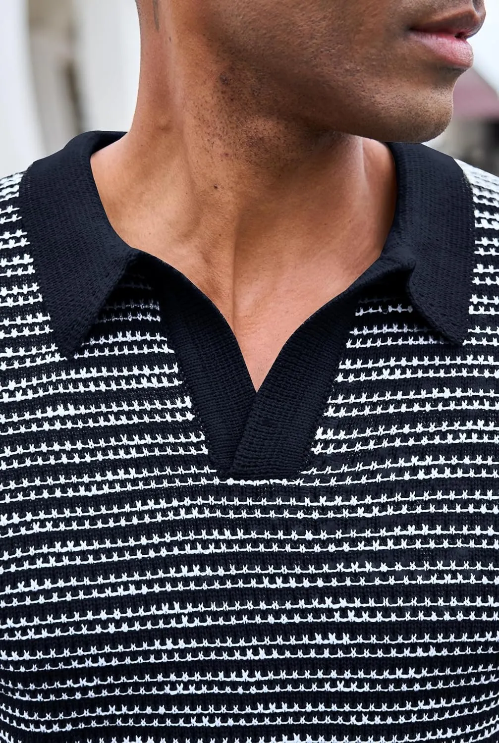 Men V Neck Polo Knit Striped Heavyweight Casual Poloshirts Summer Short Sleeve Shirt (S-XXL)