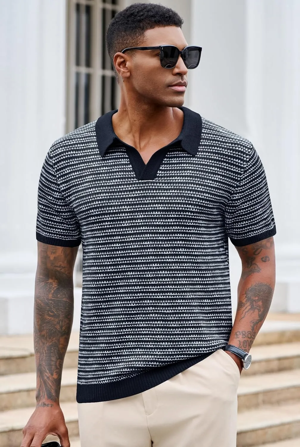 Men V Neck Polo Knit Striped Heavyweight Casual Poloshirts Summer Short Sleeve Shirt (S-XXL)