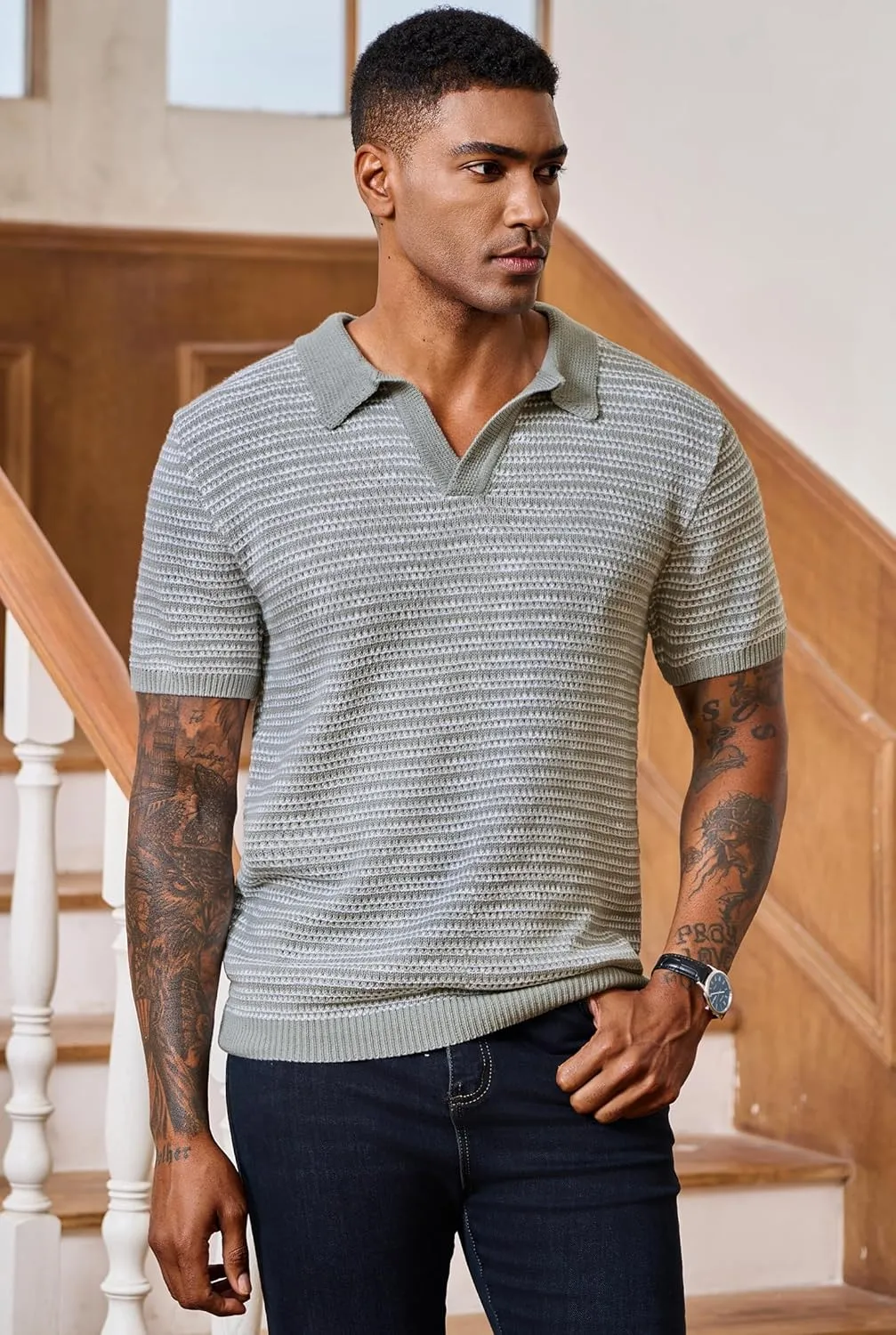 Men V Neck Polo Knit Striped Heavyweight Casual Poloshirts Summer Short Sleeve Shirt (S-XXL)