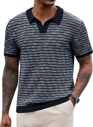 Men V Neck Polo Knit Striped Heavyweight Casual Poloshirts Summer Short Sleeve Shirt (S-XXL)