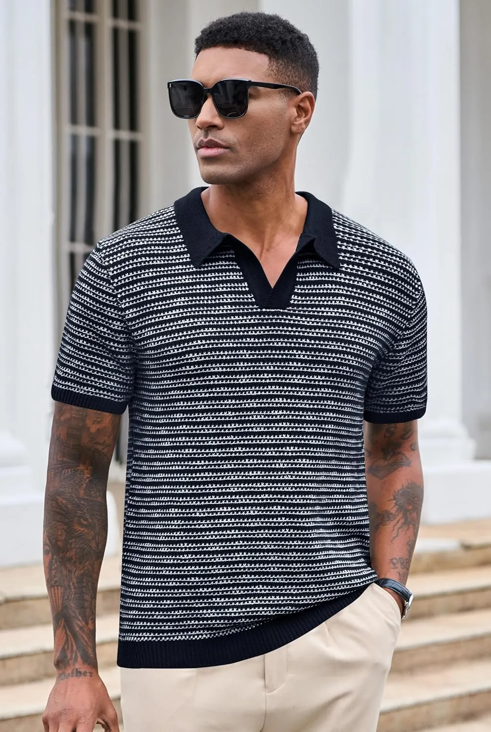 Men V Neck Polo Knit Striped Heavyweight Casual Poloshirts Summer Short Sleeve Shirt (S-XXL)
