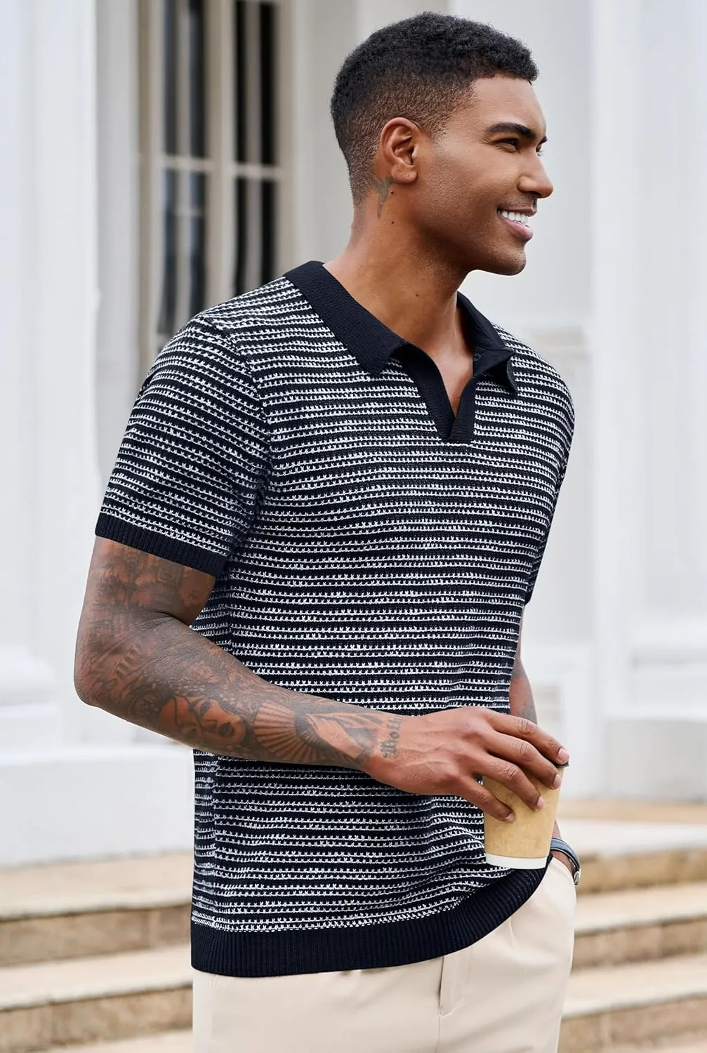 Men V Neck Polo Knit Striped Heavyweight Casual Poloshirts Summer Short Sleeve Shirt (S-XXL)