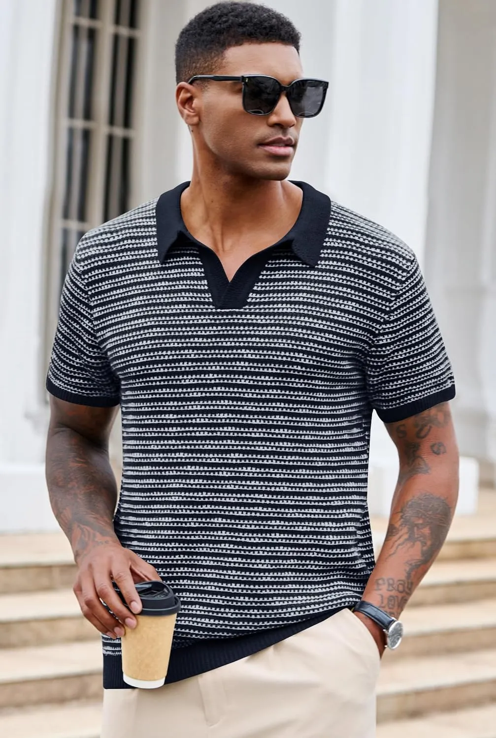 Men V Neck Polo Knit Striped Heavyweight Casual Poloshirts Summer Short Sleeve Shirt (S-XXL)