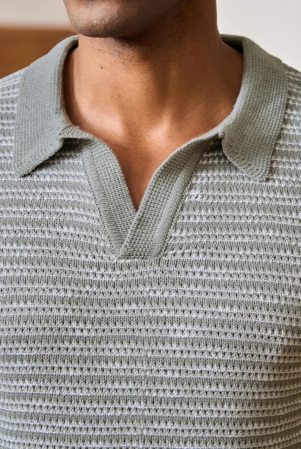 Men V Neck Polo Knit Striped Heavyweight Casual Poloshirts Summer Short Sleeve Shirt (S-XXL)