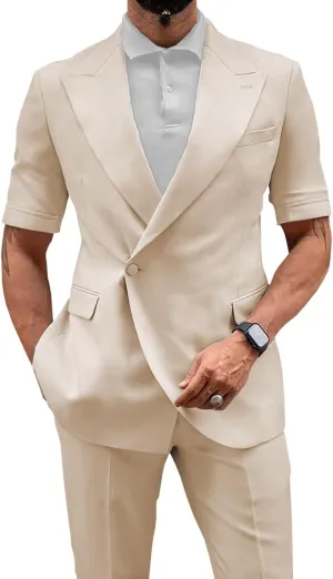 Men's 2 Piece Short Suits Set Short Pants & Short Sleeved Jacket Slim Fit Casual Mens Summer Suit