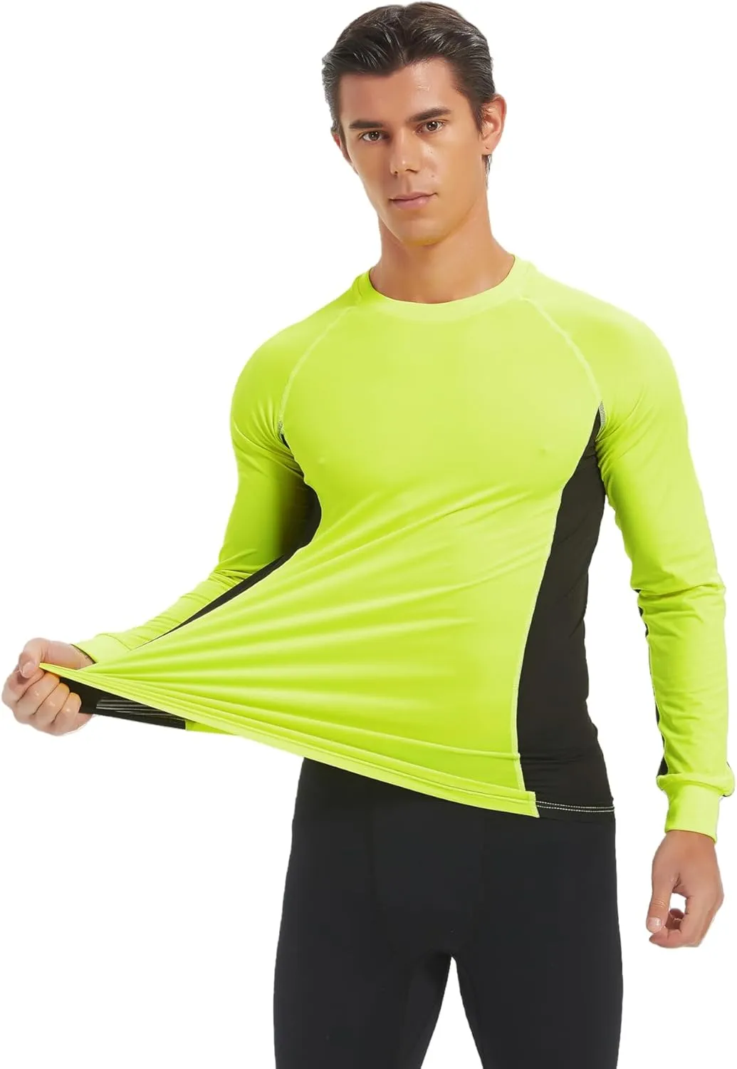 Men's 2-Tone Side Blocked Long Sleeve Crew Neck Slim Fit Active Stretch Shirt