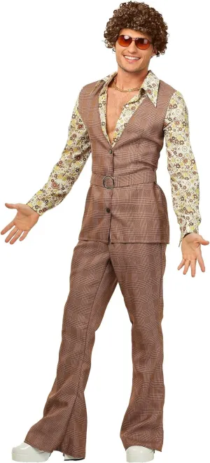 Mens 70s Vest Costume, Groovy 1970s Attire with Vest With Attached Shirt, Belt, And Bell Bottom Pants