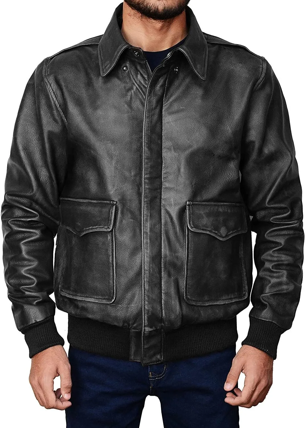 Mens A2 Leather Flight Jacket American Military Pilot Aviator Bomber Leather Coat