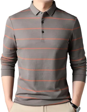 Mens Casual Cotton Striped Slim Fit Long Sleeve Collared T Shirt Polo Shirts