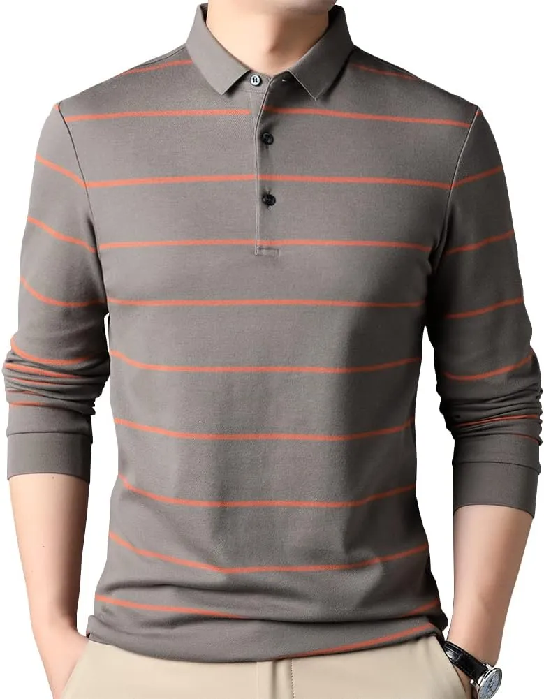 Mens Casual Cotton Striped Slim Fit Long Sleeve Collared T Shirt Polo Shirts