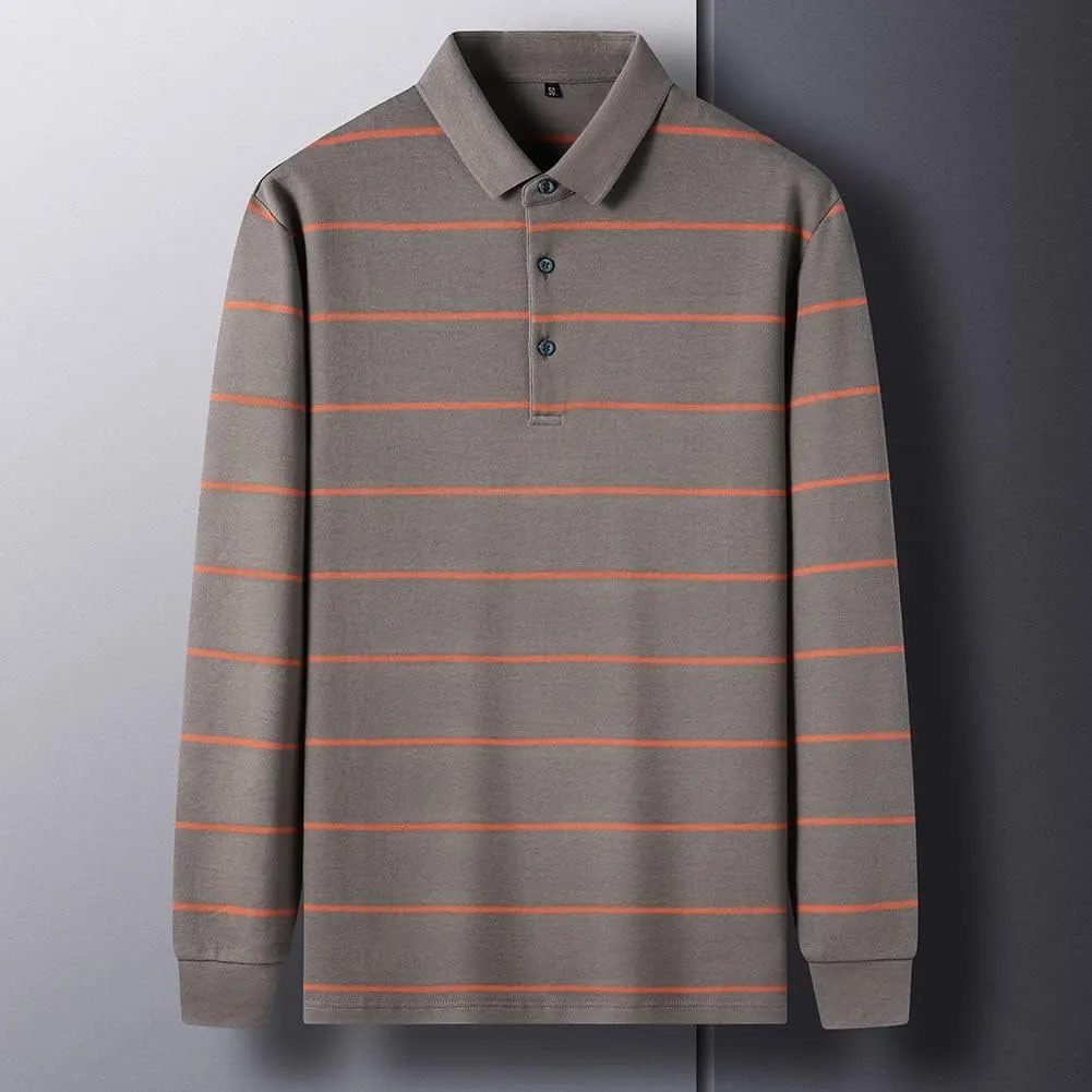 Mens Casual Cotton Striped Slim Fit Long Sleeve Collared T Shirt Polo Shirts
