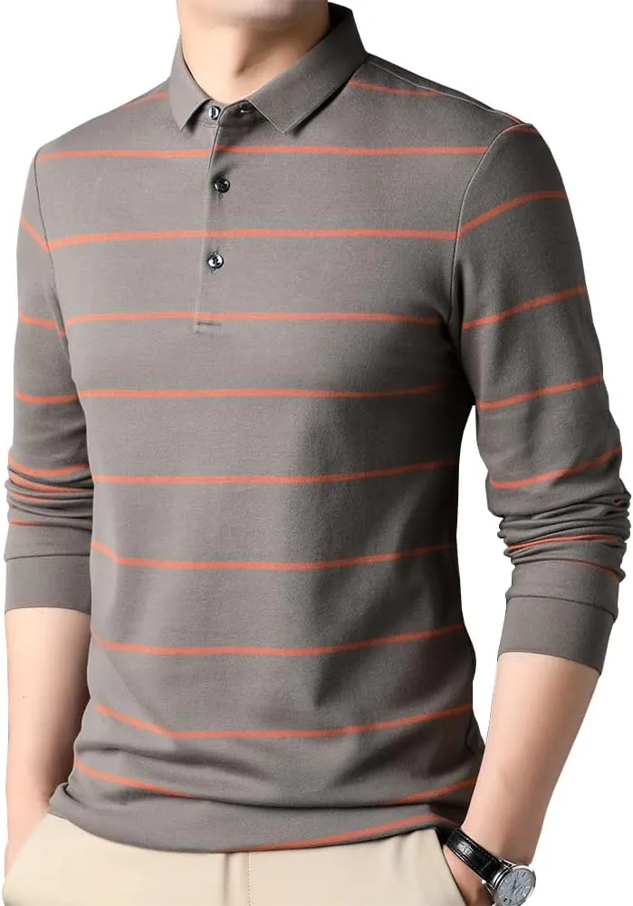 Mens Casual Cotton Striped Slim Fit Long Sleeve Collared T Shirt Polo Shirts