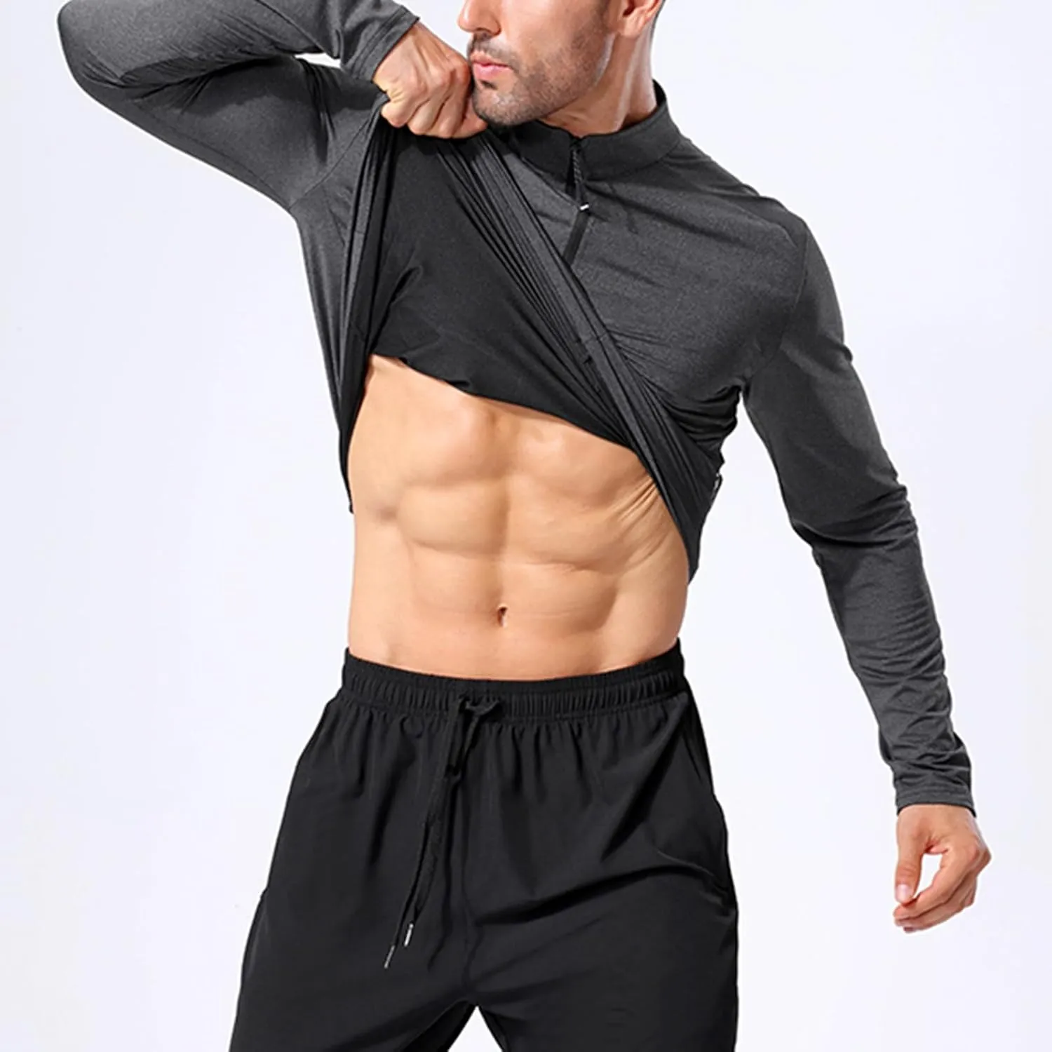 Men's Casual Long Sleeve Shirts Quarter-Zipped Moisture Wicking Cotton Quick-Dry Outdoor Shirt for Men