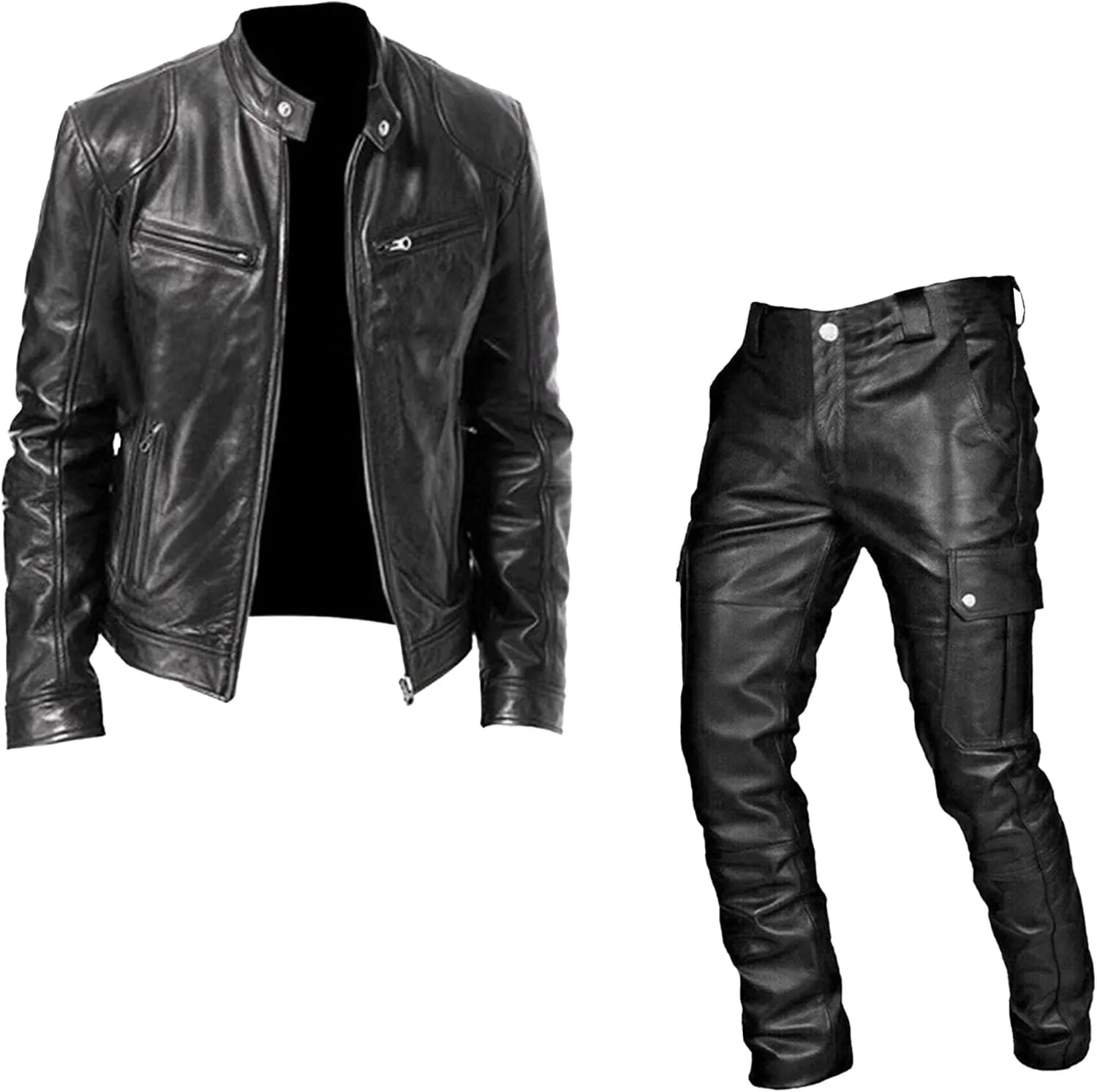 Men's Casual PU Coat Leather Pants Set Motorcycle Two-Piece Leather Jacket Zip Up Bomber Faux Leathers Jacket