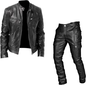 Men's Casual PU Coat Leather Pants Set Motorcycle Two-Piece Leather Jacket Zip Up Bomber Faux Leathers Jacket
