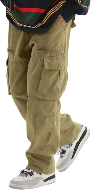 Men's Casual Work Pants with Drawstring Multi-Pocket Straight Loose Fit Pants