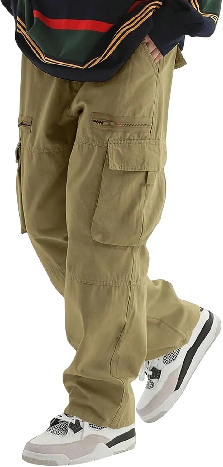 Men's Casual Work Pants with Drawstring Multi-Pocket Straight Loose Fit Pants