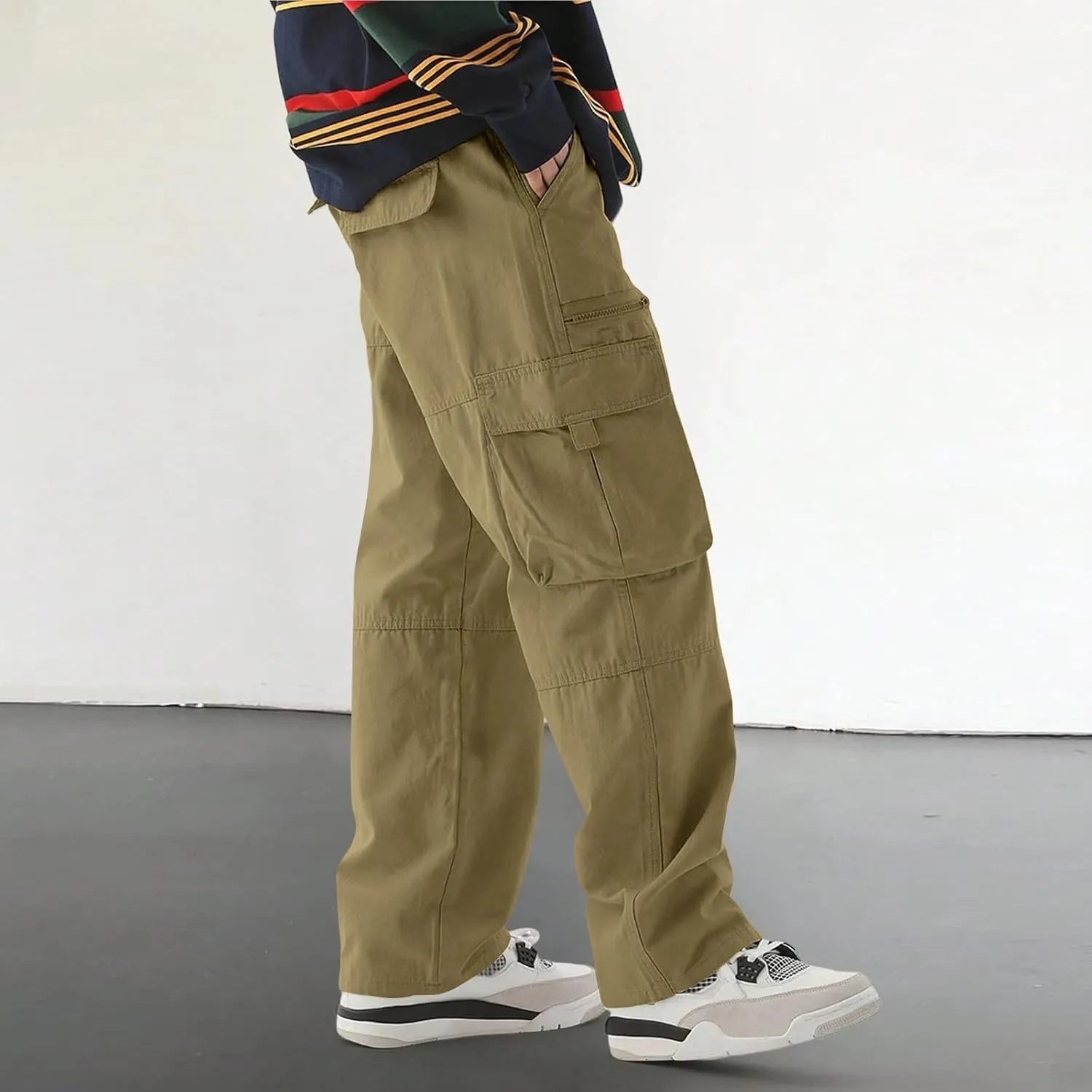 Men's Casual Work Pants with Drawstring Multi-Pocket Straight Loose Fit Pants