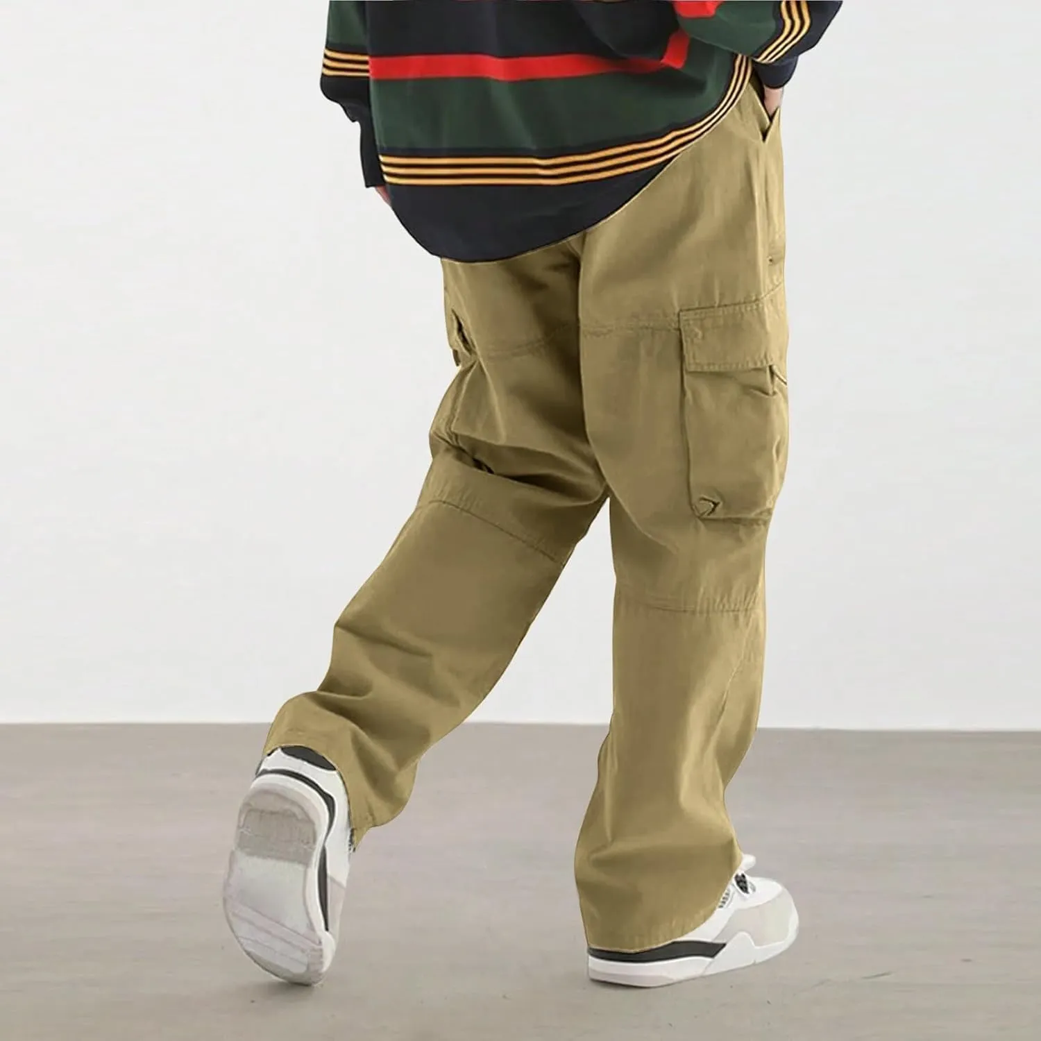 Men's Casual Work Pants with Drawstring Multi-Pocket Straight Loose Fit Pants