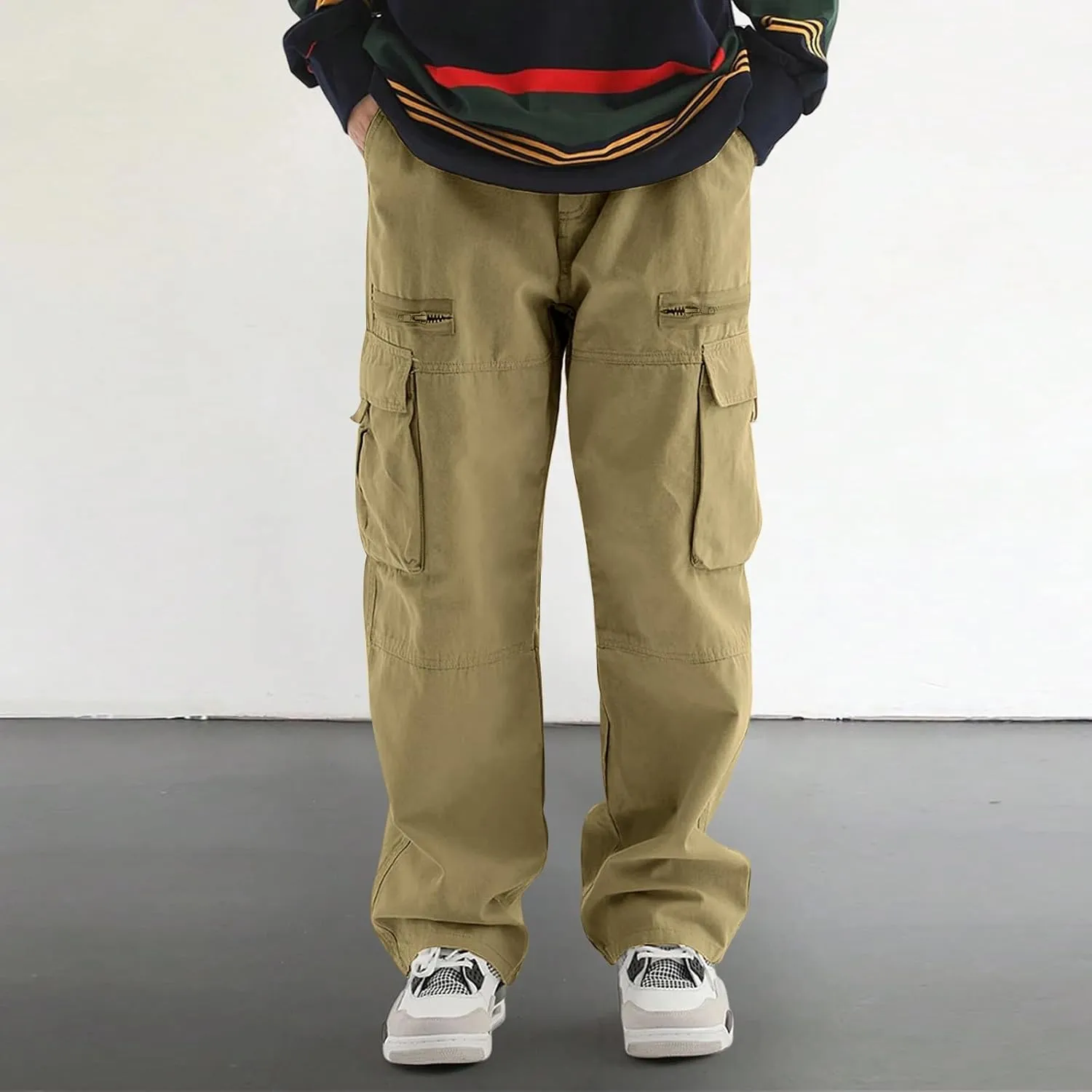 Men's Casual Work Pants with Drawstring Multi-Pocket Straight Loose Fit Pants