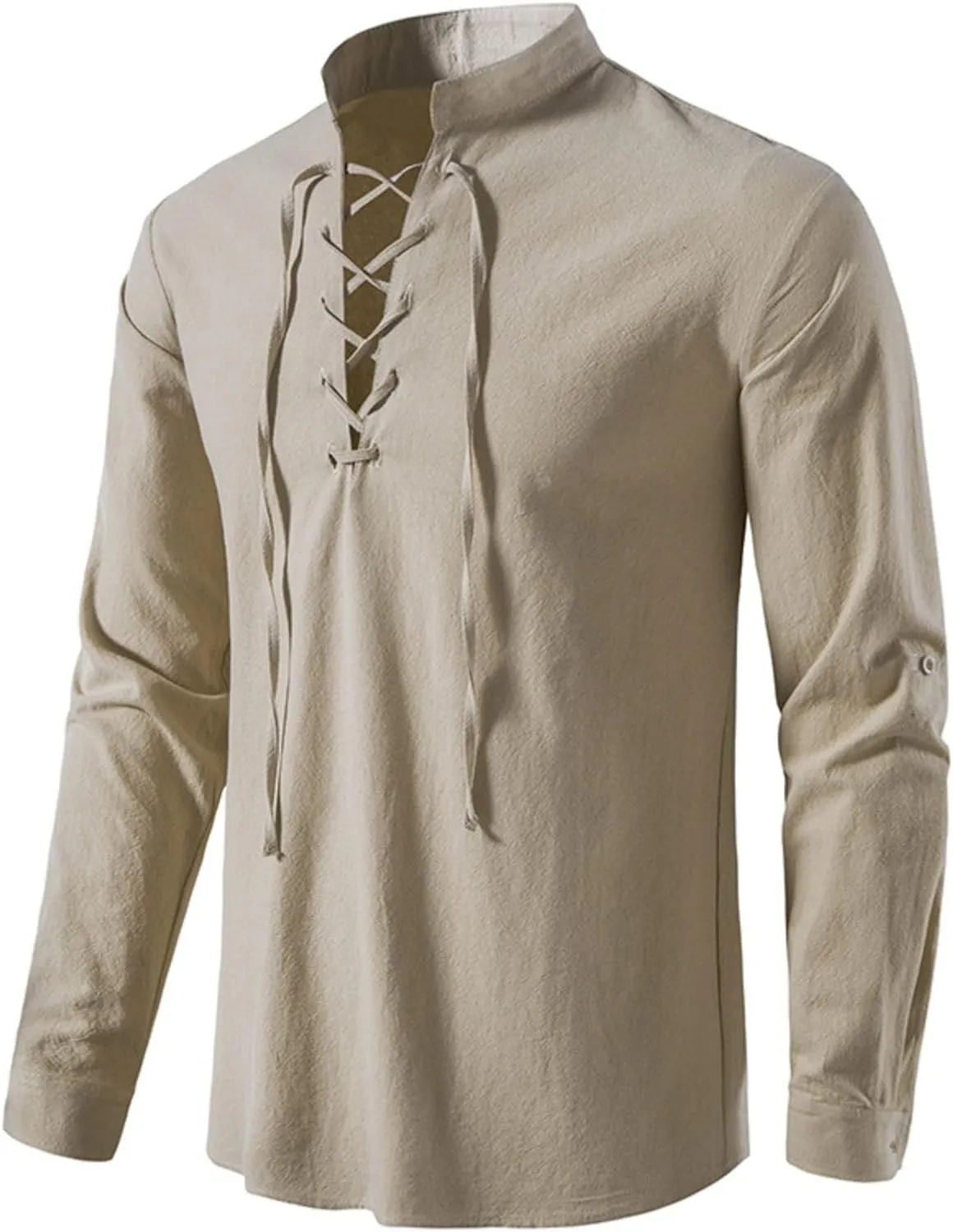 Men's Cotton Linen Lace Up Shirts Pirate Medieval Viking Renaissance Halloween Costume Drawstring Arm Banded Tops