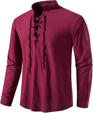 Men's Cotton Linen Lace Up Shirts Pirate Medieval Viking Renaissance Halloween Costume Drawstring Arm Banded Tops