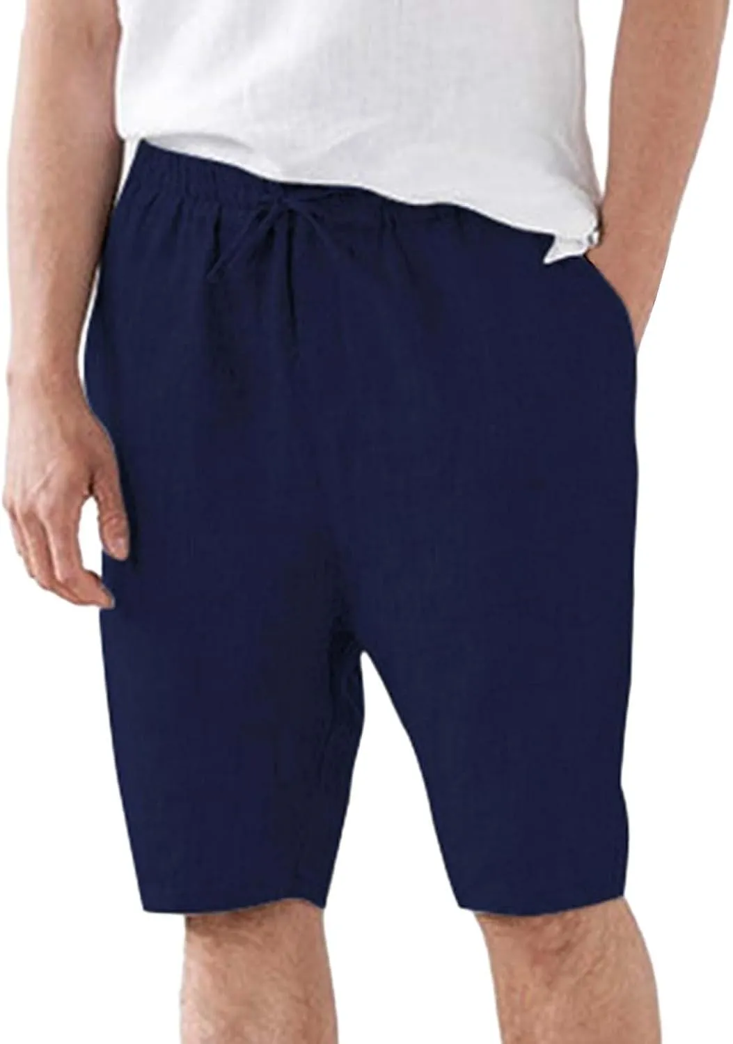 Men's Cotton Linen Shorts with Pockets Solid Color Wide Leg Drawstring Five Pants Lightweight Breathable Summer Basic Capris