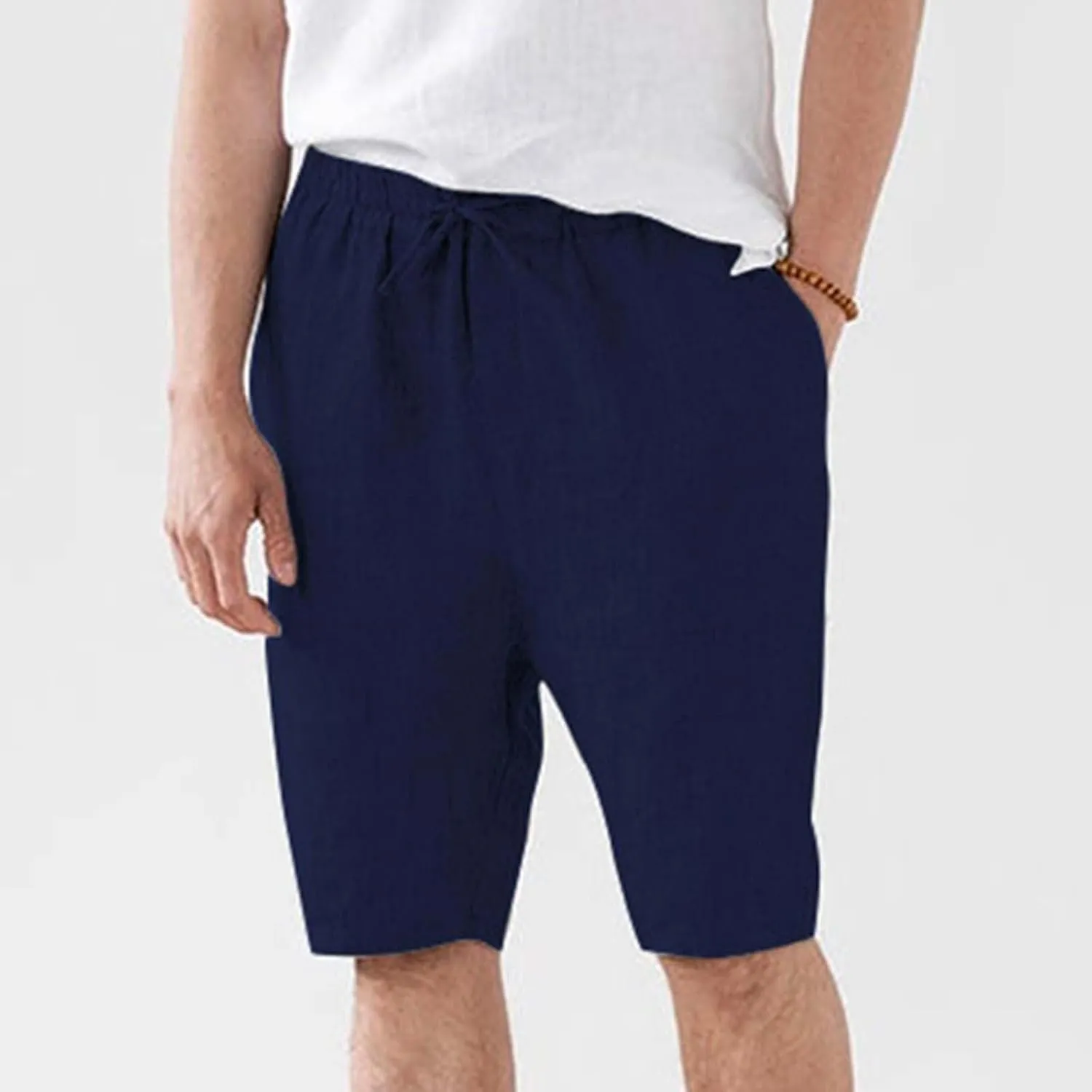 Men's Cotton Linen Shorts with Pockets Solid Color Wide Leg Drawstring Five Pants Lightweight Breathable Summer Basic Capris