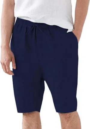 Men's Cotton Linen Shorts with Pockets Solid Color Wide Leg Drawstring Five Pants Lightweight Breathable Summer Basic Capris