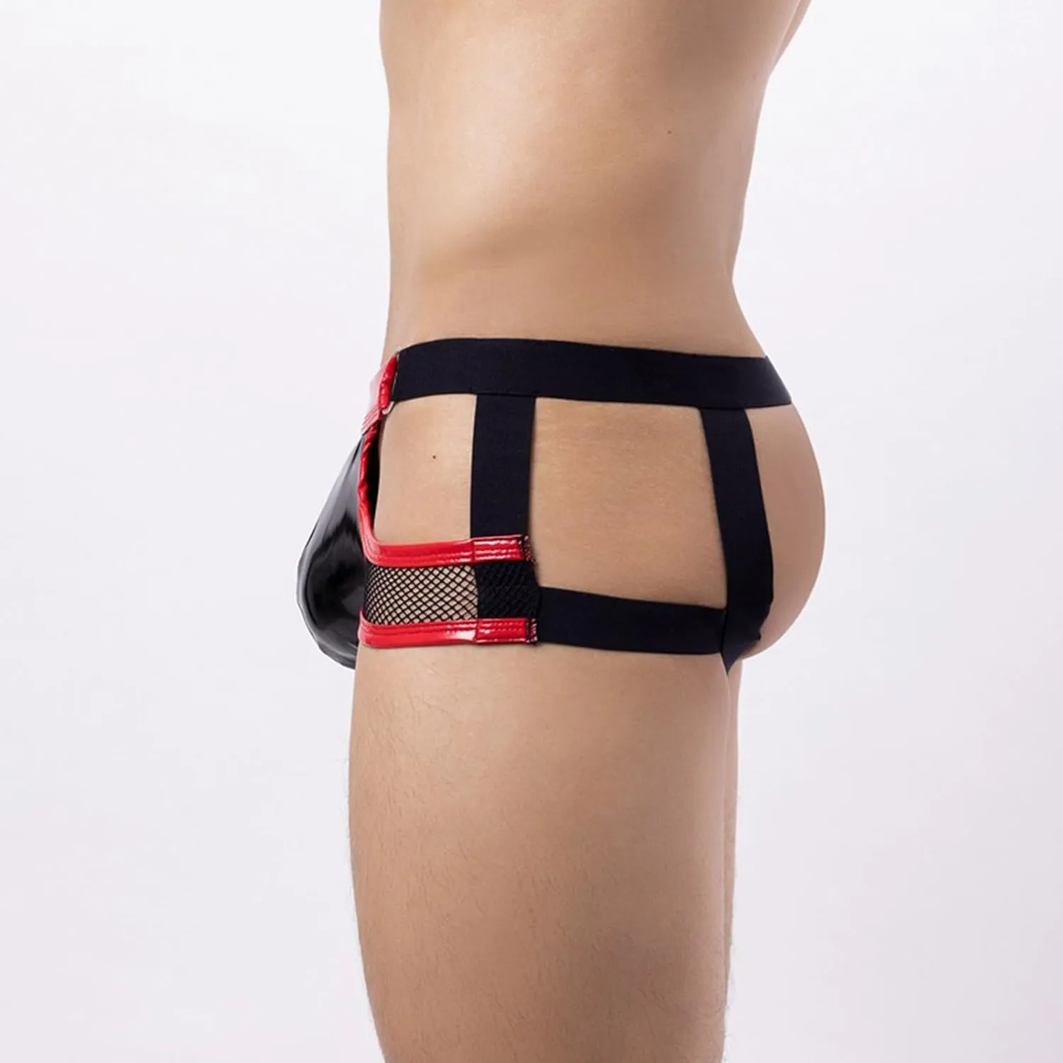 Mens Faux Leather Boxer Briefs Mesh Cutout Underwear with Metal Ring Low Waist Panties Sexy Bulge Pouch Bikini