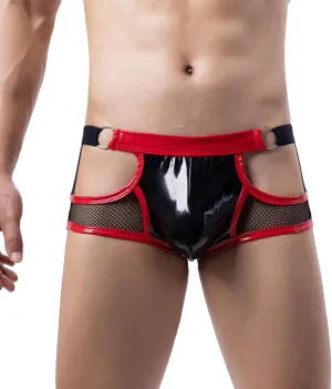 Mens Faux Leather Boxer Briefs Mesh Cutout Underwear with Metal Ring Low Waist Panties Sexy Bulge Pouch Bikini