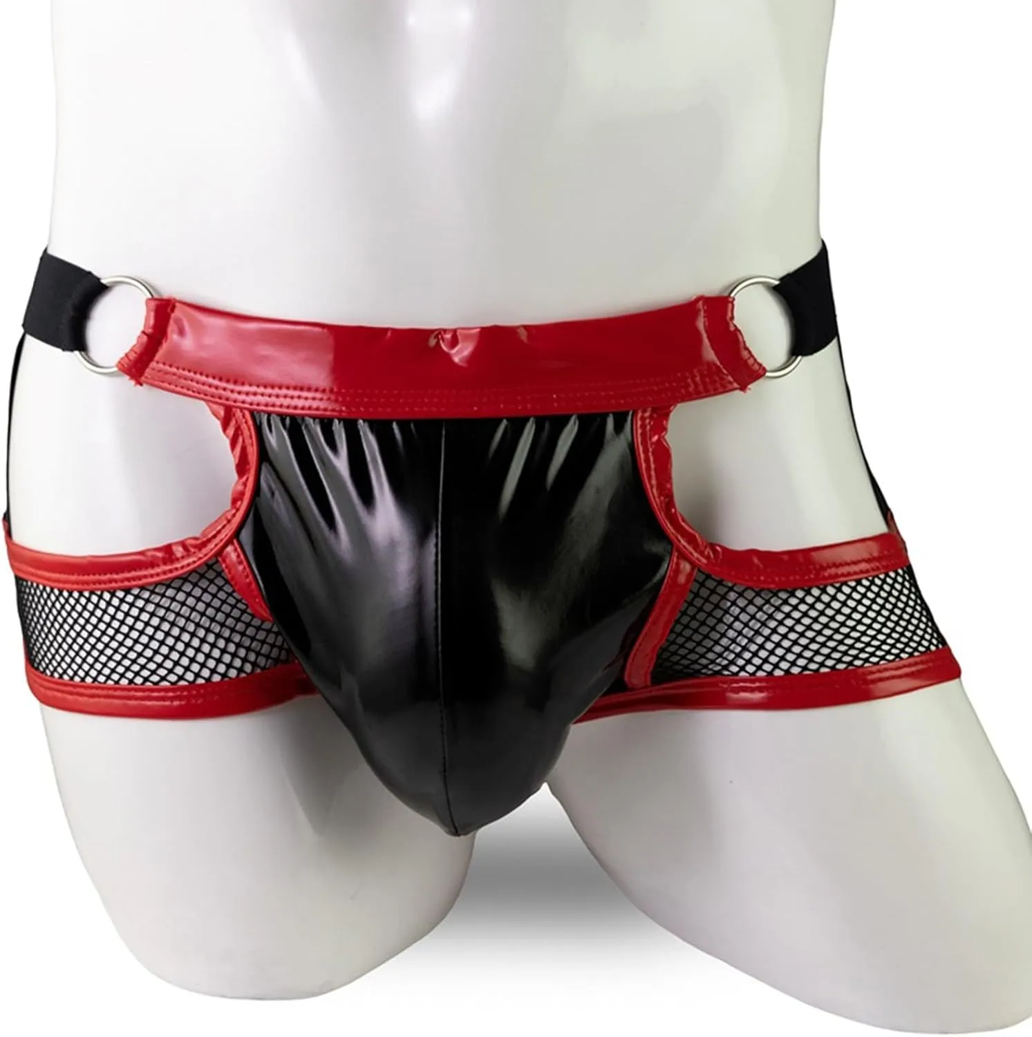 Mens Faux Leather Boxer Briefs Mesh Cutout Underwear with Metal Ring Low Waist Panties Sexy Bulge Pouch Bikini