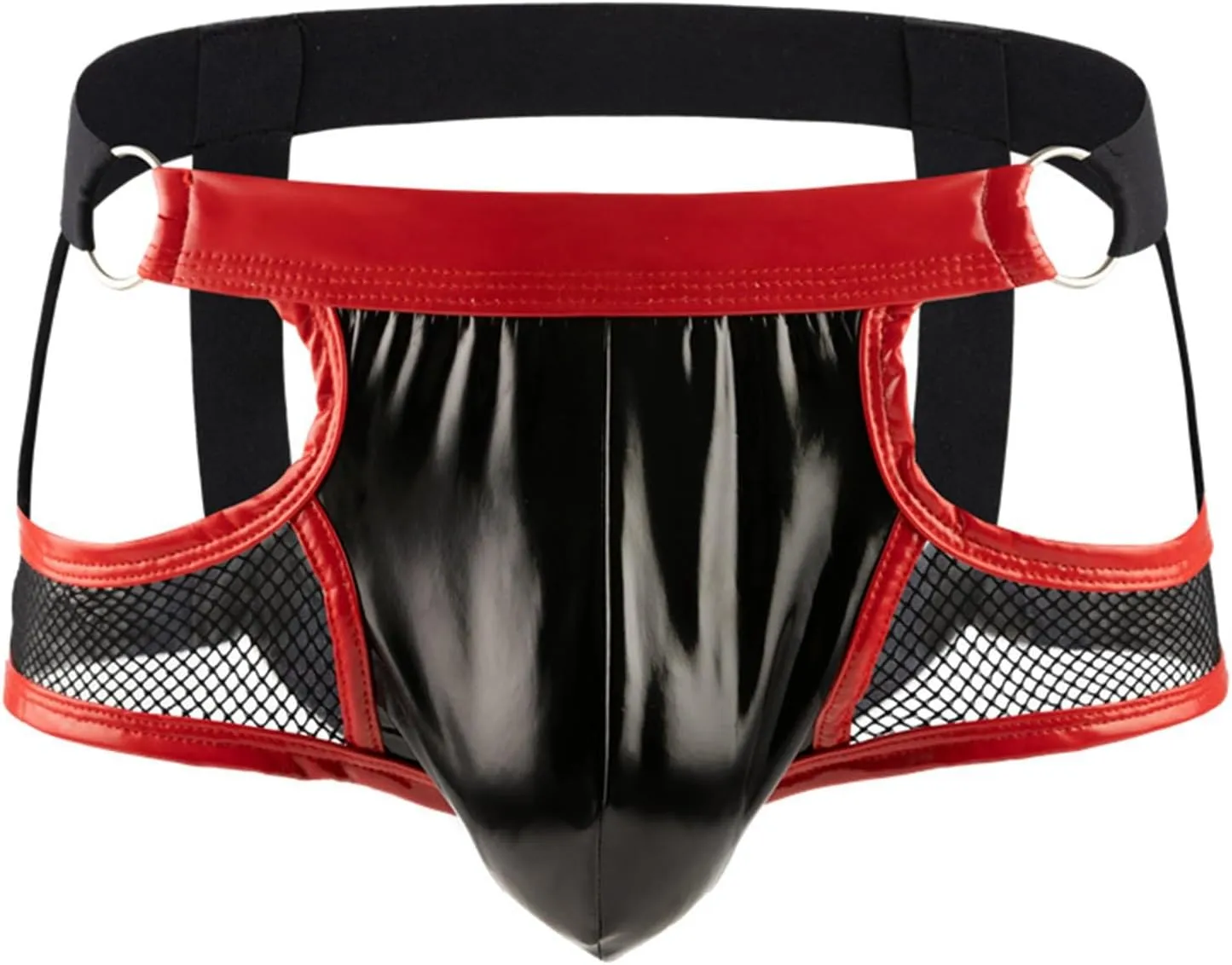 Mens Faux Leather Boxer Briefs Mesh Cutout Underwear with Metal Ring Low Waist Panties Sexy Bulge Pouch Bikini