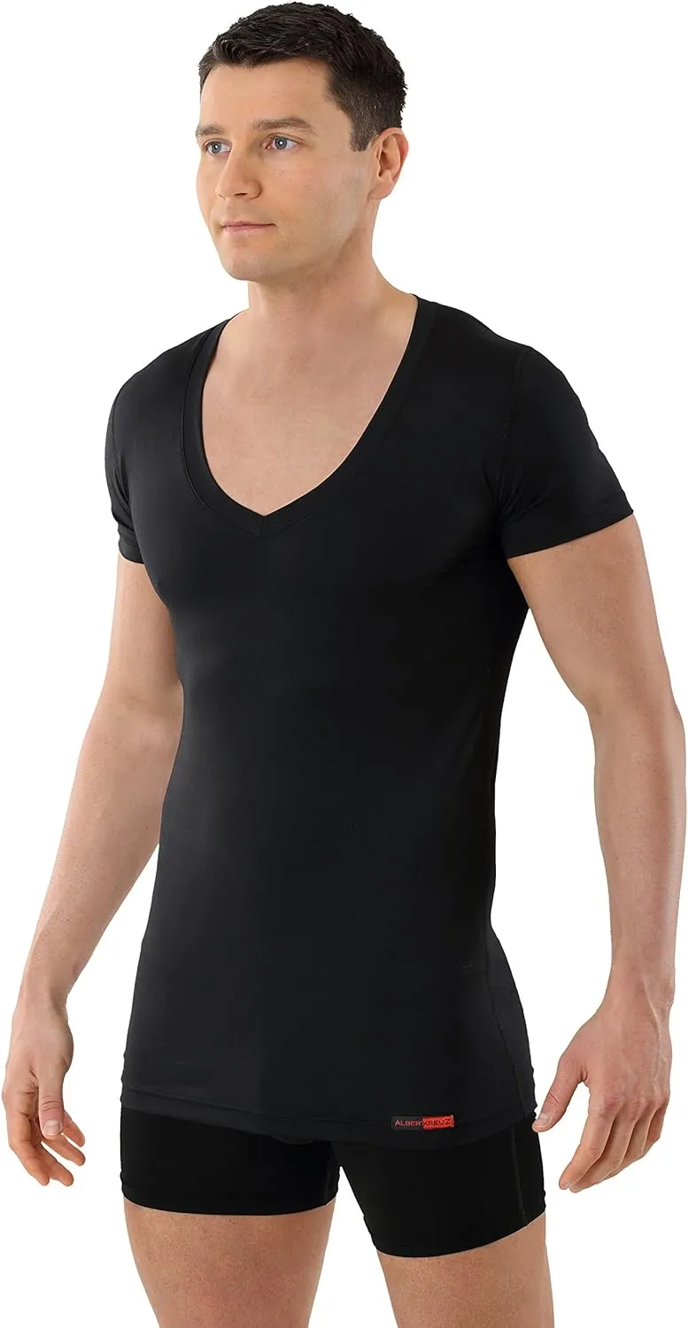 Men's Functional Coolmax Business Undershirt with deep v-Neck and Short Sleeves - Warming/Cooling, Black