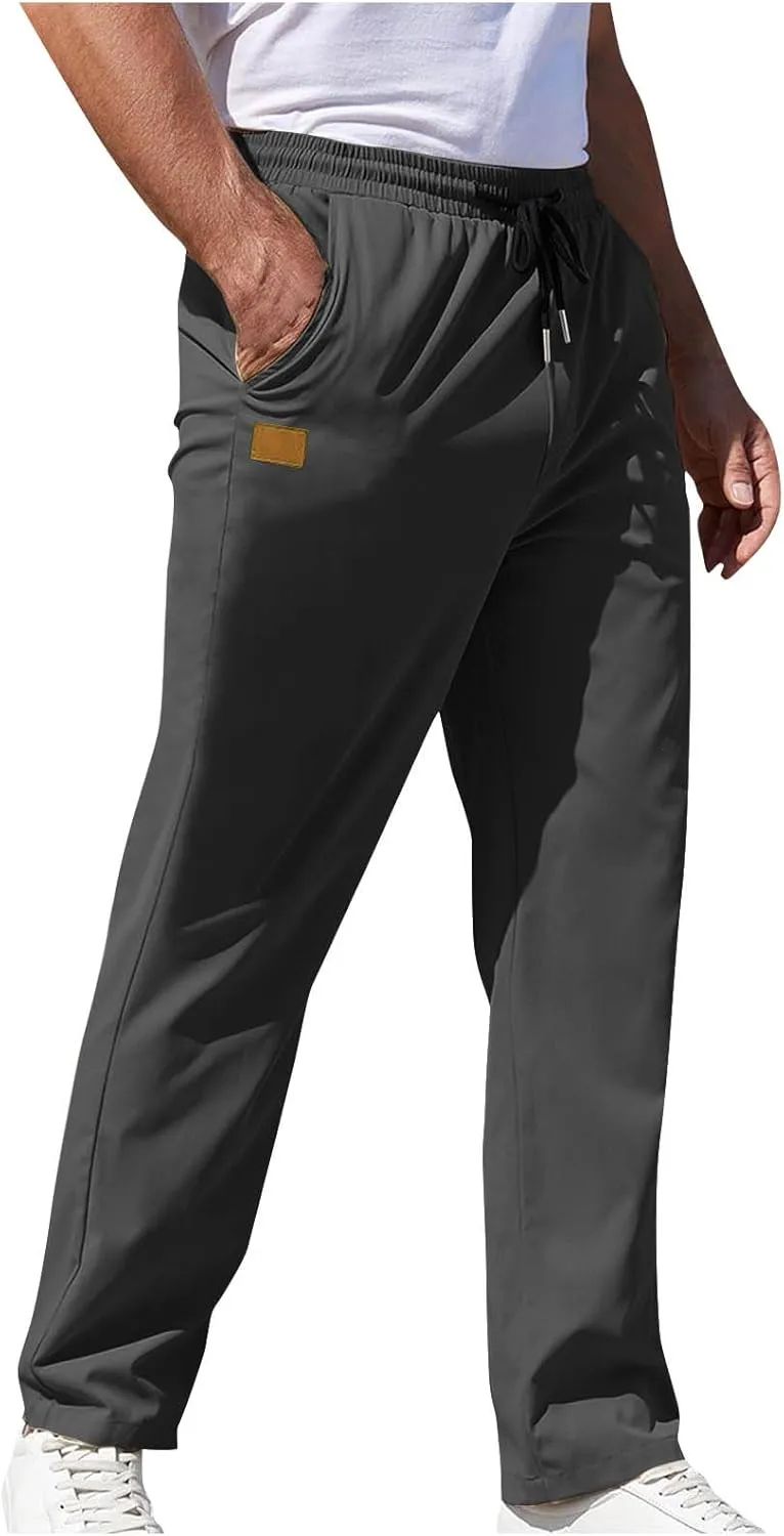 Mens Pants Cargo Elastic Waist Drawstring Straight Pants with Pocket Casual Outdoor Jogger Running Sport Trousers
