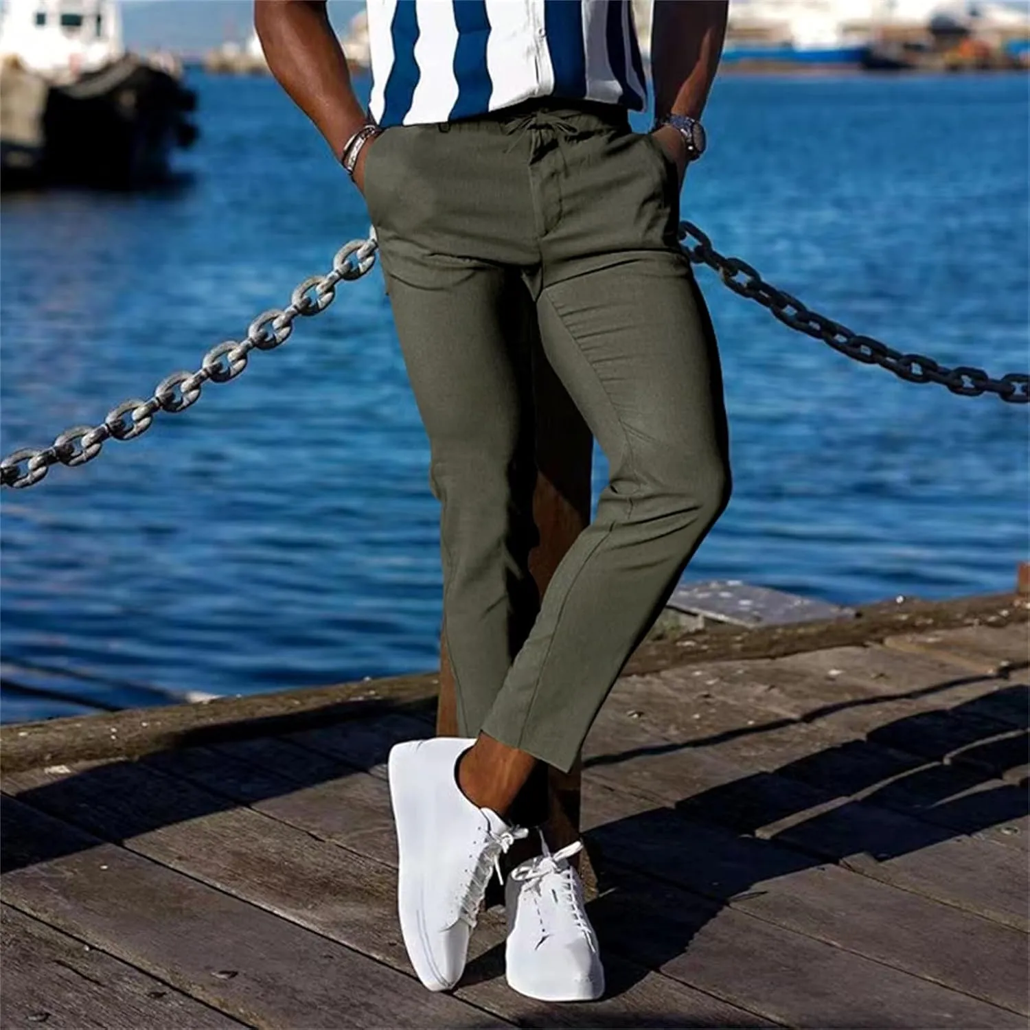 Men's Slim-Fit Flat-Front Stretch Chino Pants Casual Business Skinny Stretch Golf Dress Pants Tapered Leg Pencil Ankle Pants