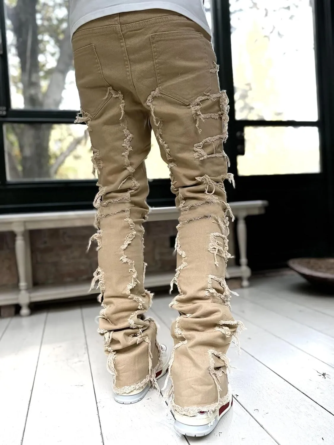 Mens Stacked Jeans Slim Fit Ripped Destroyed Straight Leg Denim Pants for Harajuku or Hip Hop Streetwear