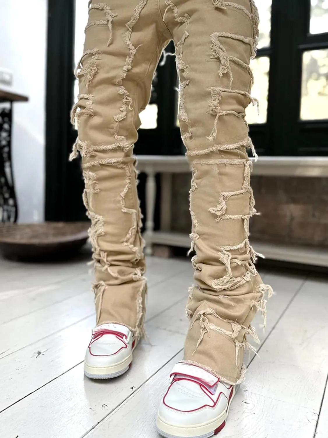 Mens Stacked Jeans Slim Fit Ripped Destroyed Straight Leg Denim Pants for Harajuku or Hip Hop Streetwear