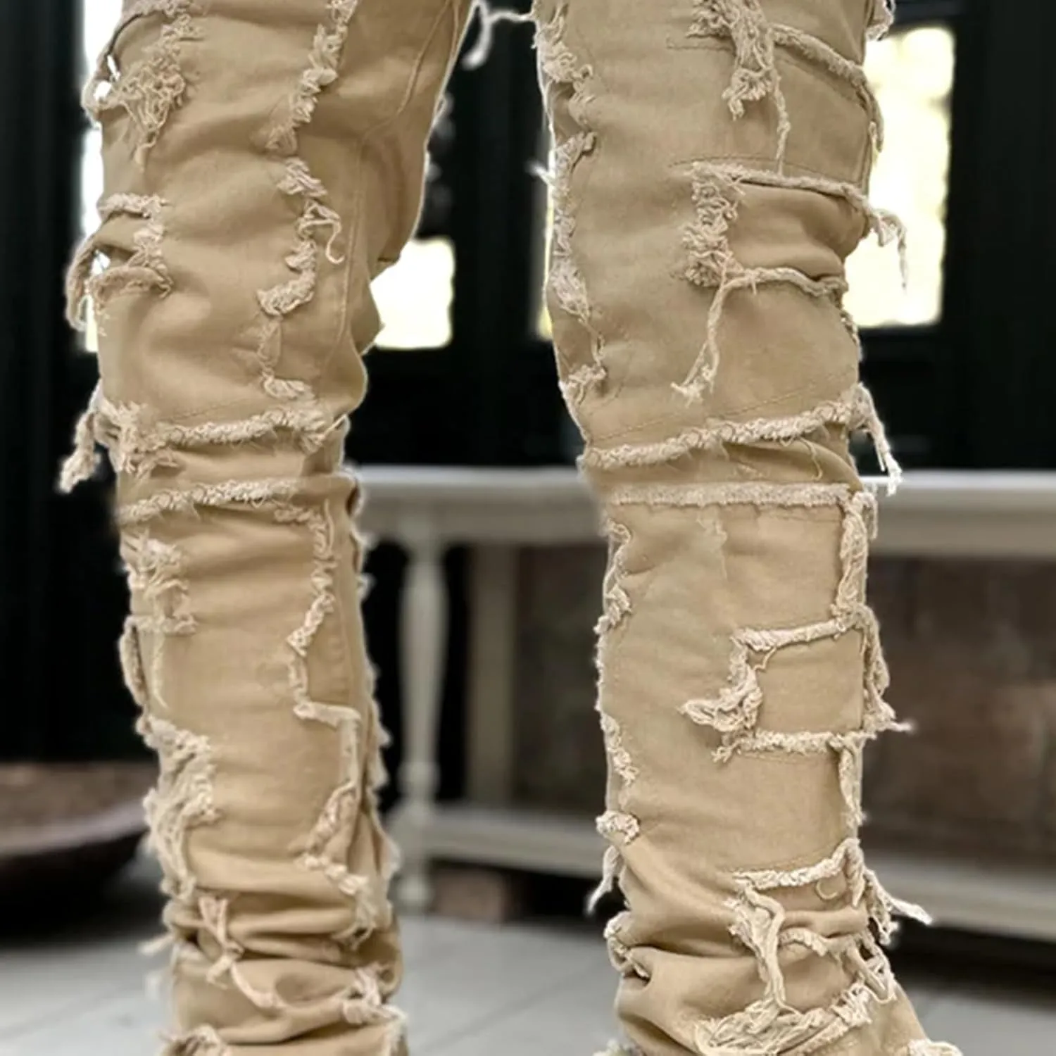Mens Stacked Jeans Slim Fit Ripped Destroyed Straight Leg Denim Pants for Harajuku or Hip Hop Streetwear