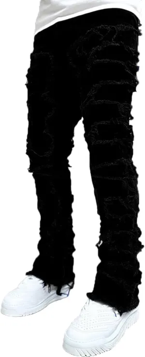 Mens Stacked Jeans Slim Fit Ripped Destroyed Straight Leg Denim Pants for Harajuku or Hip Hop Streetwear