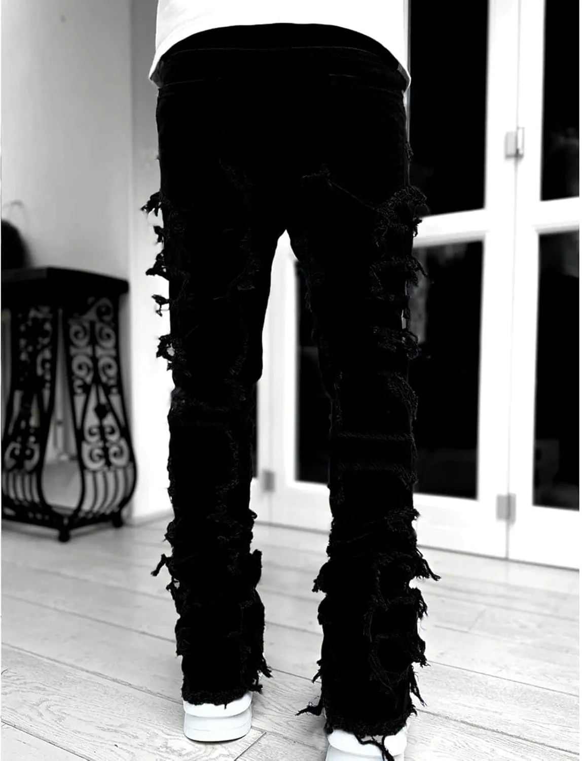 Mens Stacked Jeans Slim Fit Ripped Destroyed Straight Leg Denim Pants for Harajuku or Hip Hop Streetwear