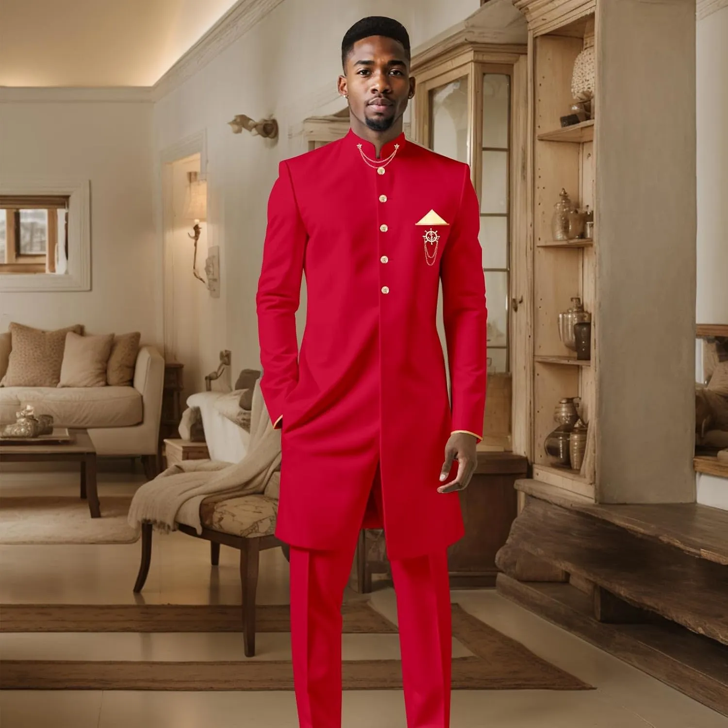Men`s Suit African Clothing Dashiki Embroidery Chain Single Breasted Shirt and Pants 2 Piece Set Outfits