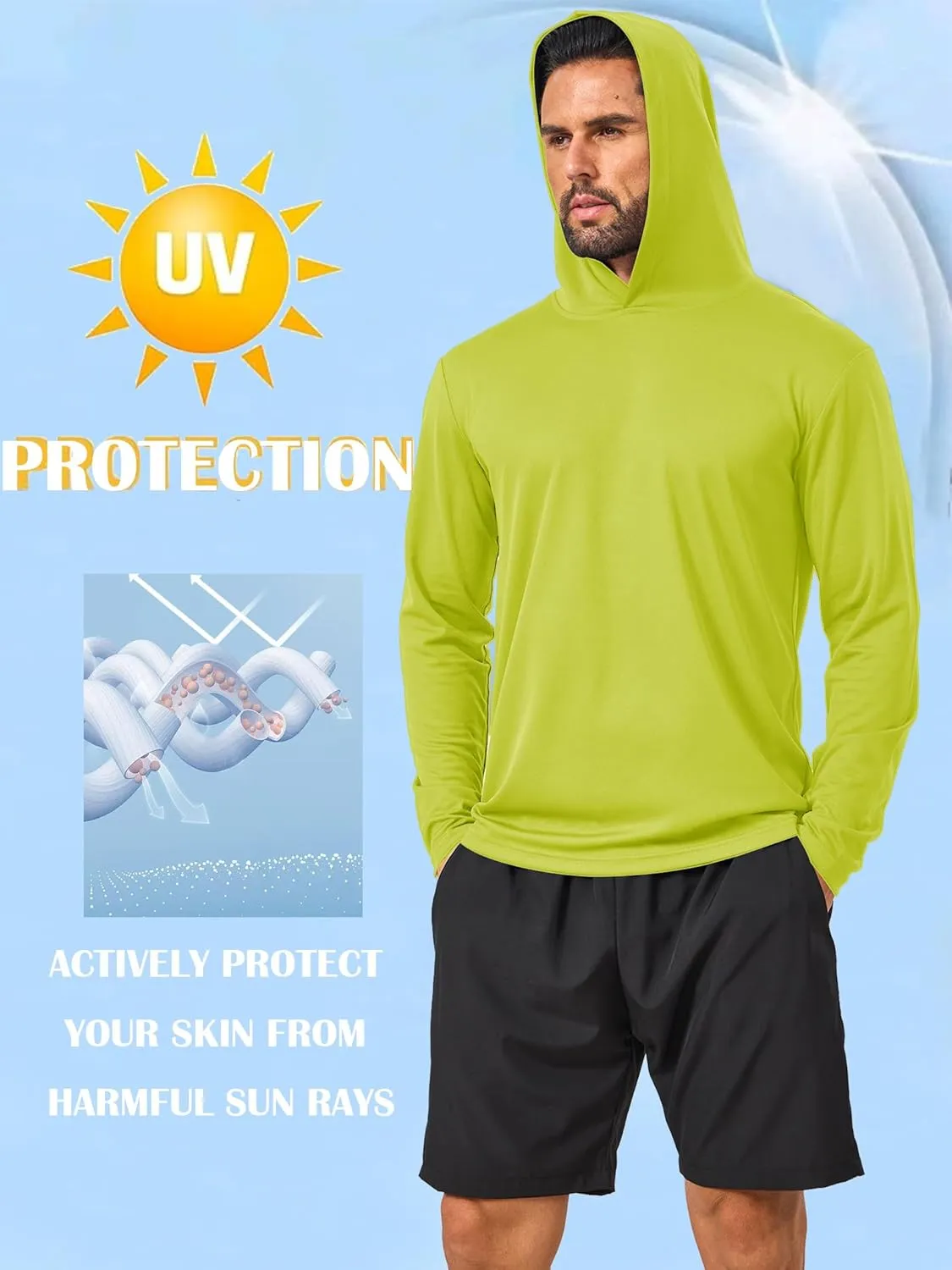 Mens Sun Protection Long Sleeve Hoodie Rash Guard SPF Lightweight Quick Dry UV Shirts Outdoor Fishing Active Wear