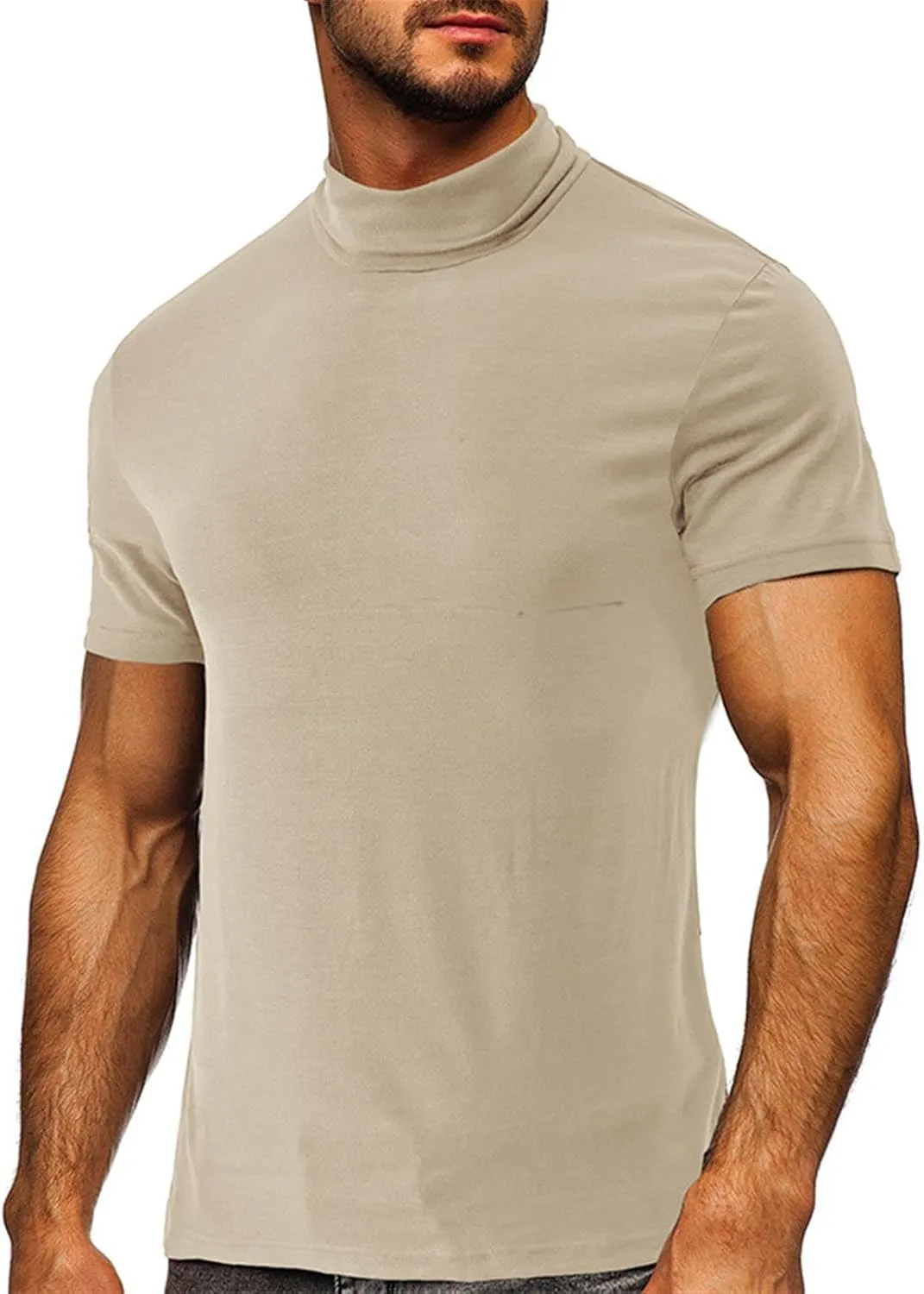 Mens T Shirt Short Sleeve Basic Turtleneck Slim Fit Undershirt Pullover Solid Sport Shirts Tops